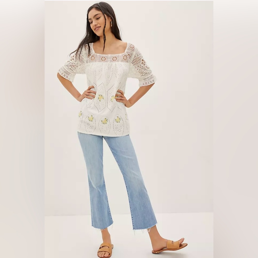 Forever That Girl Anthro Women’s 6 M White Embroidered Lace Flower Boho Top